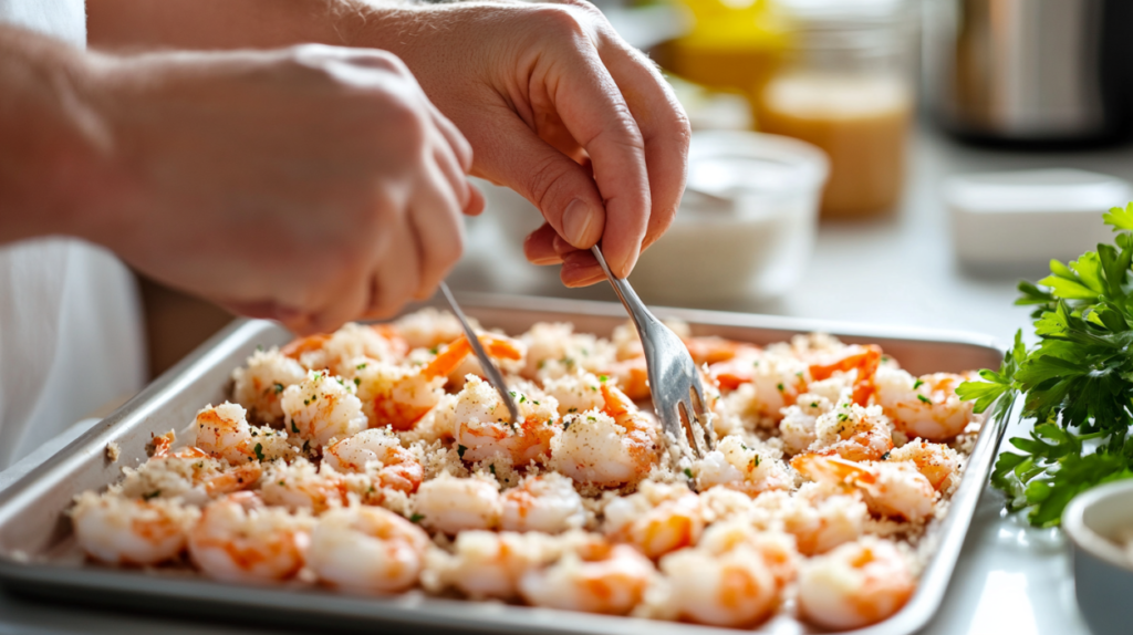 Cooking process for shrimp casino including shrimp cleaning, mixing topping, and spooning onto a baking tray.