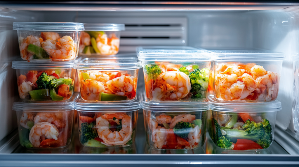 Glass containers filled with shrimp casino stacked in a refrigerator with labels for storage.