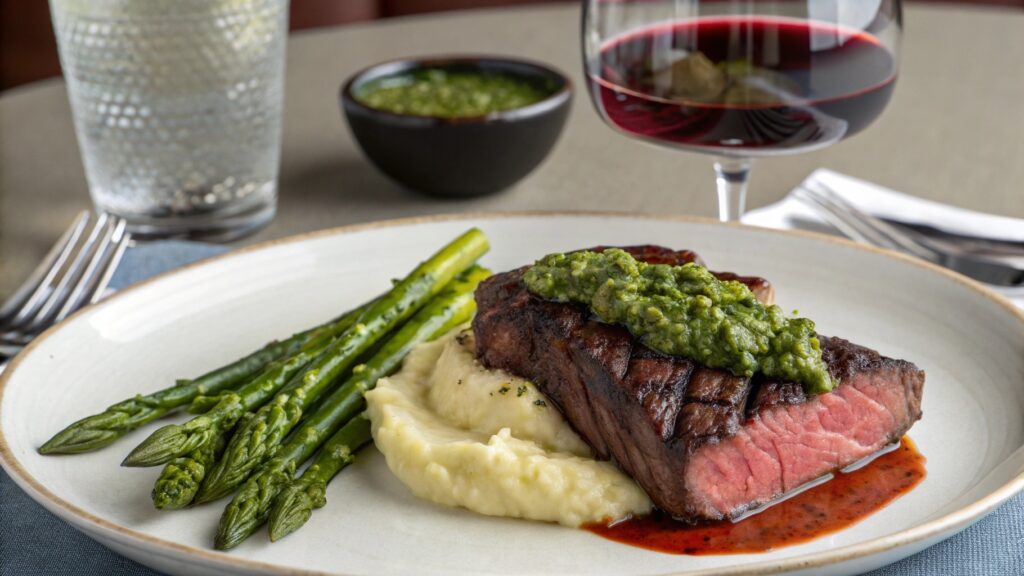 Denver steak with mashed potatoes, asparagus, and chimichurri served with red wine