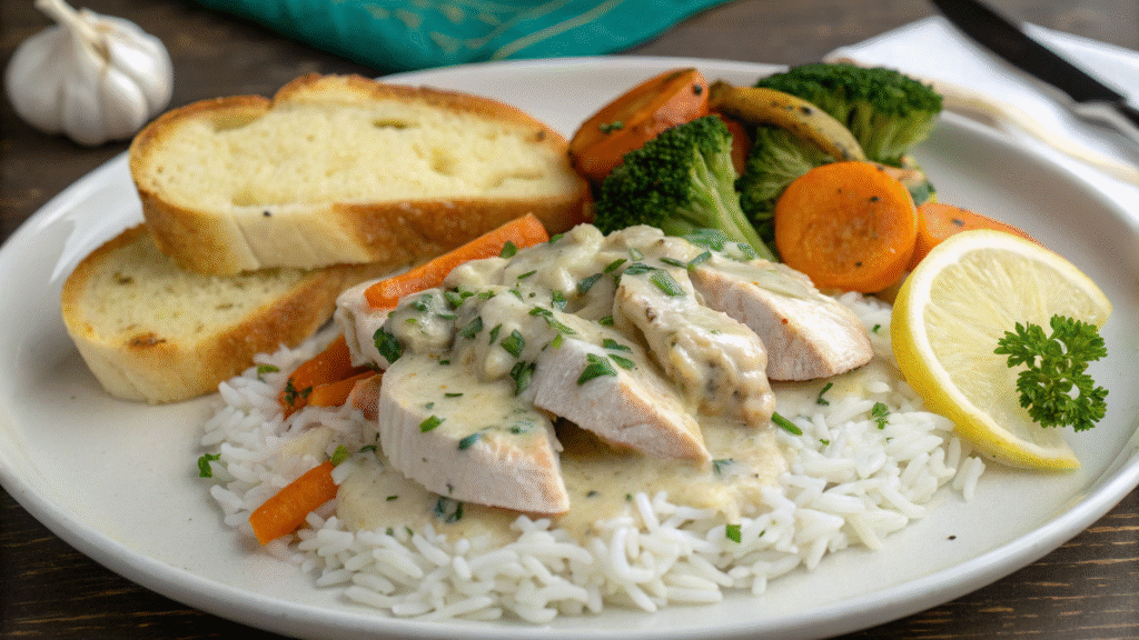Creamy Ranch Chicken served over rice with veggies, garlic bread, and a lemon wedge.