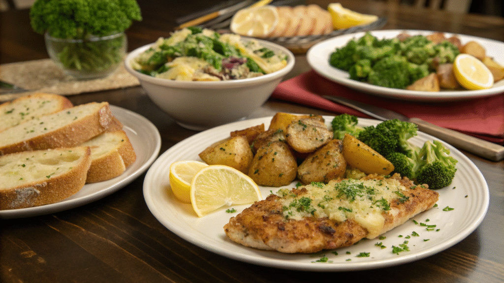 Garlic Parmesan Chicken and Potatoes served on a plate with salad, broccoli, and garlic bread.