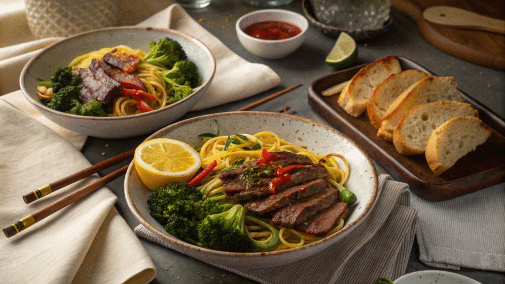 Dinner table with bowls of garlic butter steak noodles and delicious side dishes.