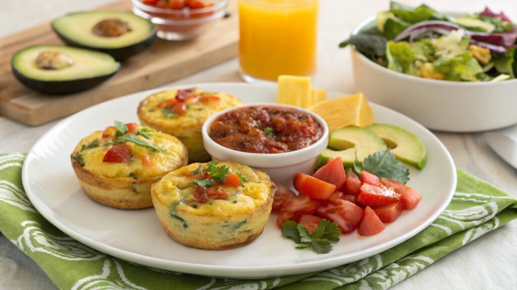 Egg muffins with tater tot crust served with avocado, fruit, salsa, and salad
