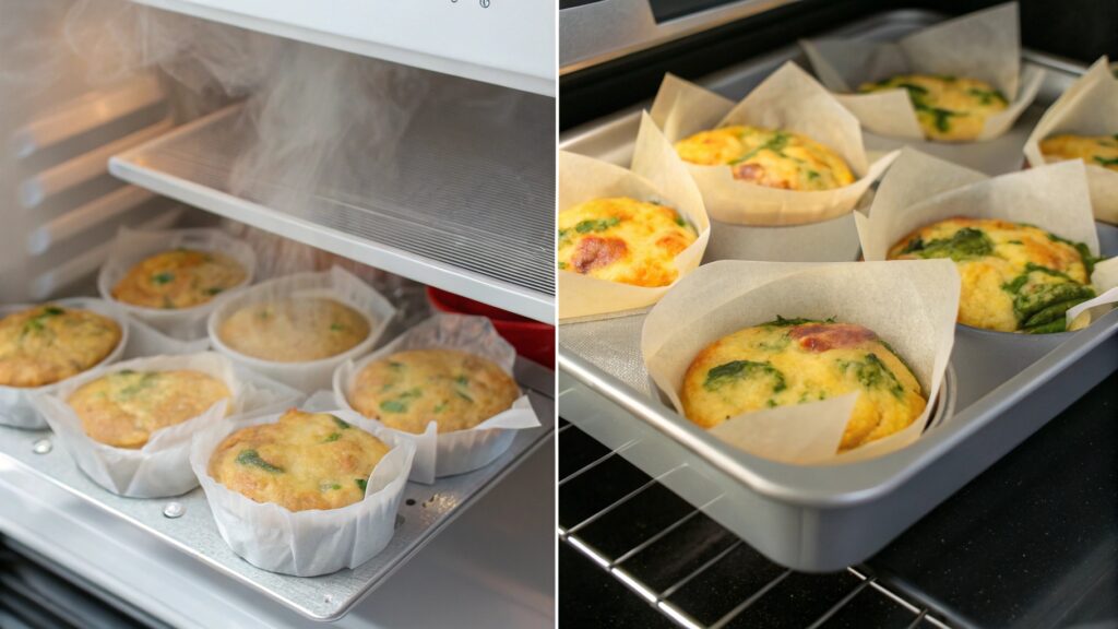 Egg muffins stored in containers and reheated on a tray in the oven