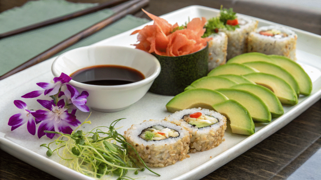 Keto sushi rolls served with avocado, dipping sauce, ginger, and wasabi on a ceramic plate.