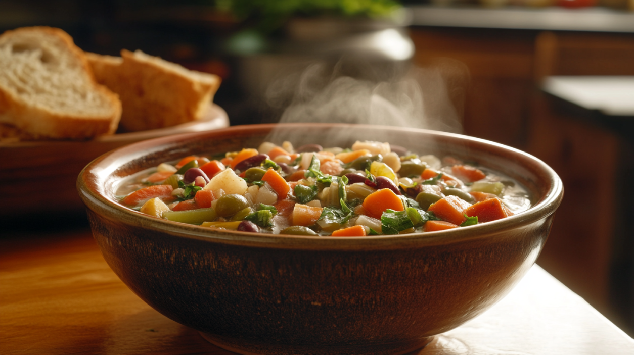 Rustic bowl of vegetable soup with carrots, beans, and greens, served with bread on a wooden table.
