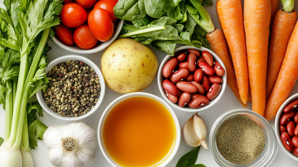 Flat lay of soup ingredients including chopped vegetables, canned beans, broth, herbs, and seasonings.