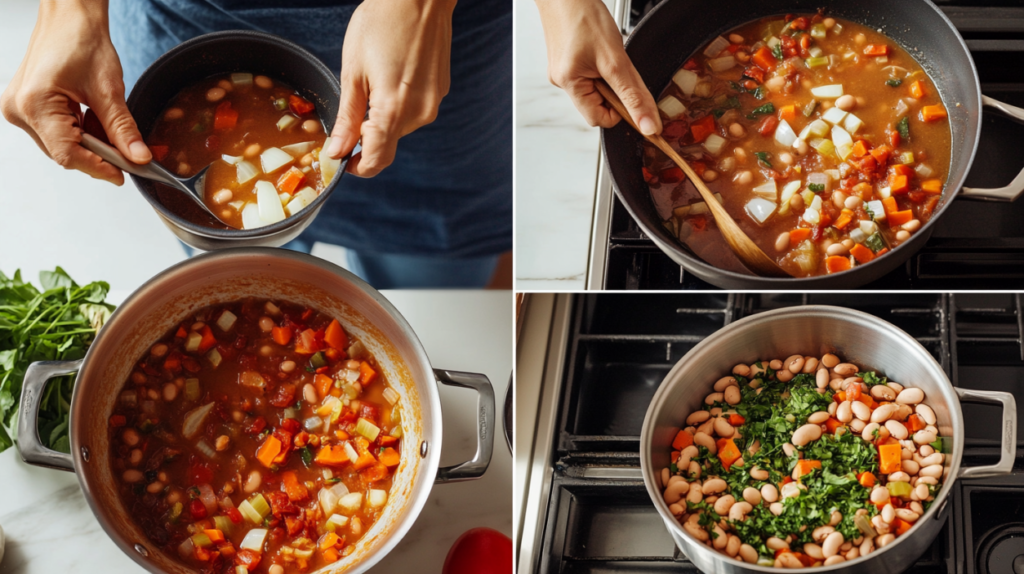 Step-by-step collage of chopping vegetables, sautéing aromatics, adding broth and beans, and simmering soup.