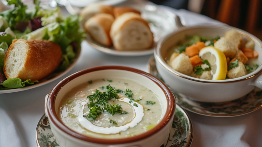 Bowls of soup served with sour cream, herbs, croutons, and bread rolls in a cozy setting.