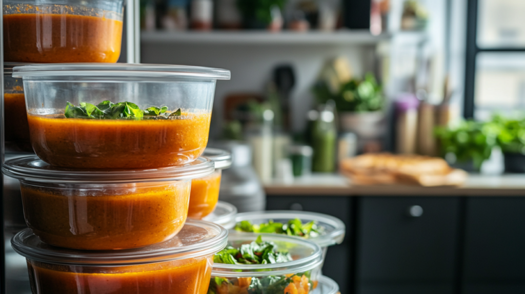 Soup stored in labeled glass containers inside a refrigerator for leftovers or meal prep.