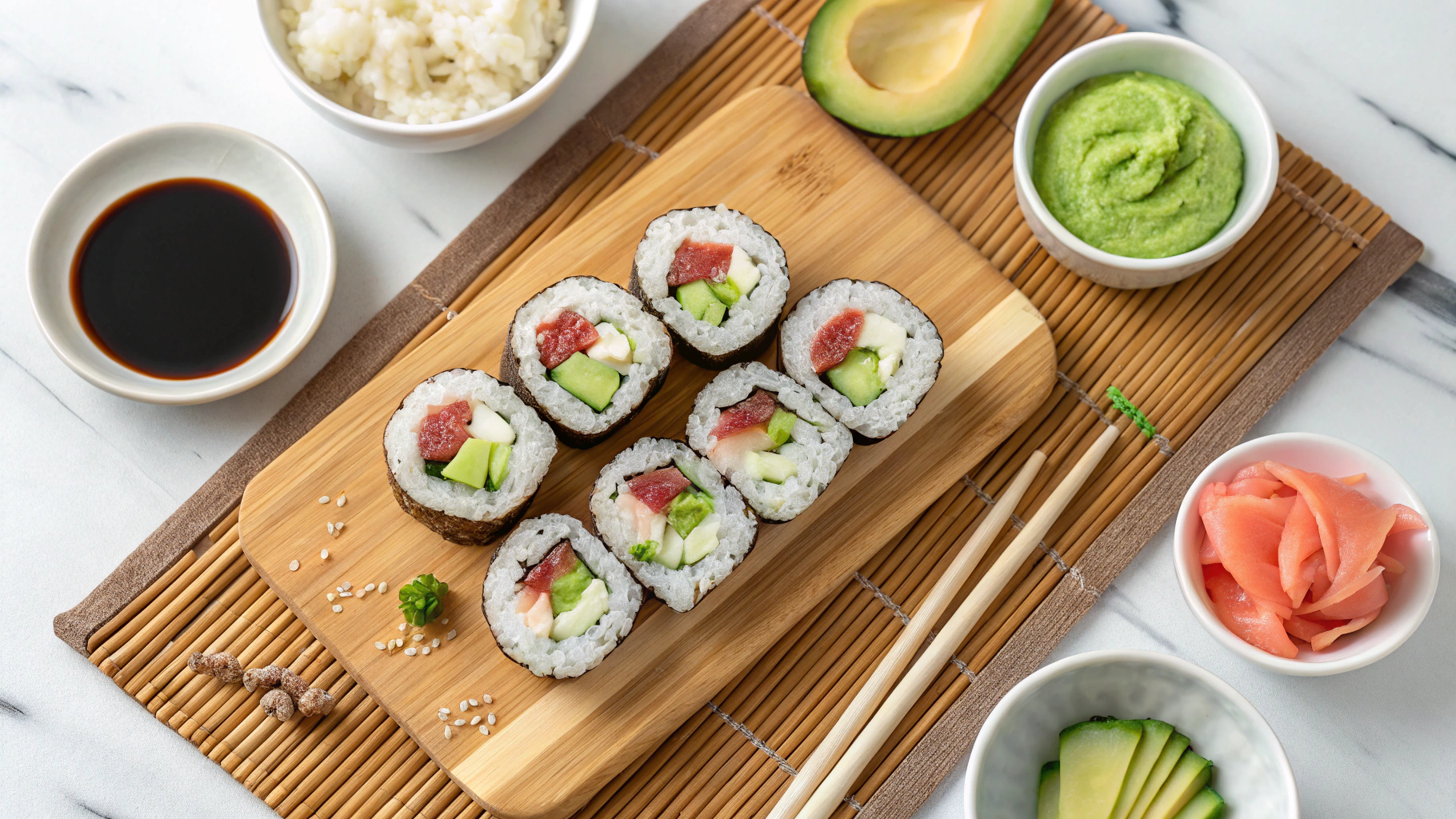 Colorful keto sushi rolls made with cauliflower rice and fresh ingredients served on a bamboo board.