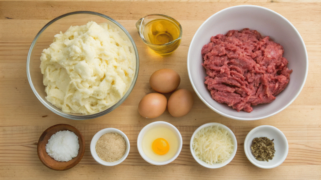 Flat lay of mashed potatoes, beef, onion, garlic, cheese, flour, and spices on a kitchen surface.