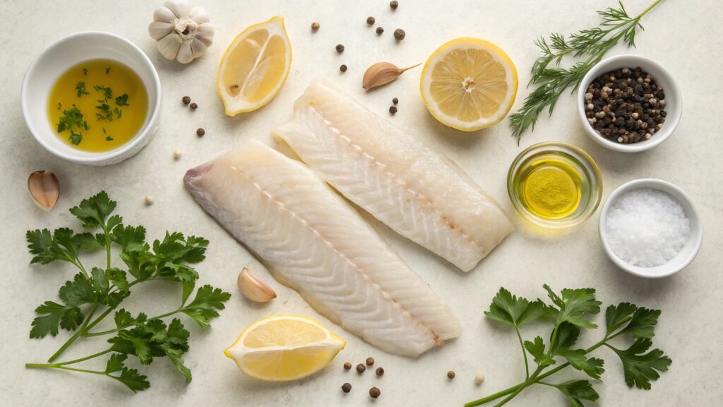 Flat lay of ingredients for Baked Cod with Lemon and Garlic.