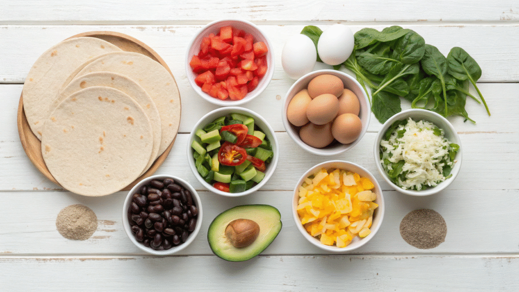 Bowl ingredients for breakfast burritos including tortillas, eggs, peppers, beans, and avocado.