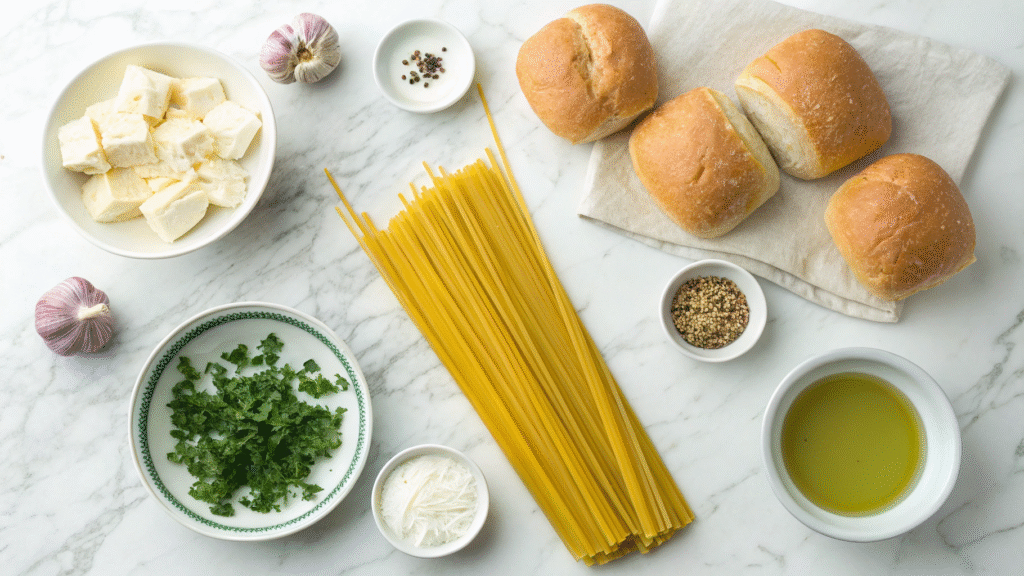 Flat lay of labeled ingredients for making spaghetti garlic bread bowls.