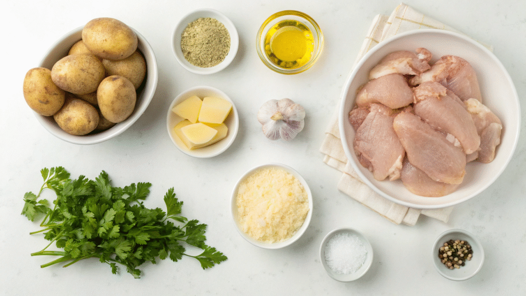 Flat lay of ingredients including raw chicken thighs, baby potatoes, garlic, Parmesan, and seasonings on a countertop.