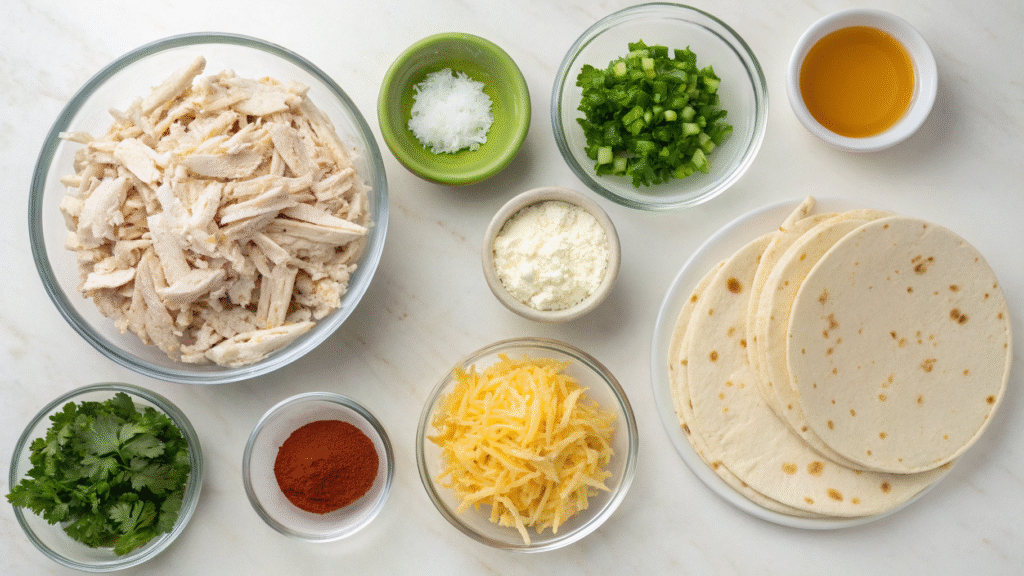 Ingredients for chicken taquitos including cream cheese, shredded chicken, spices, tortillas, and cheese on a counter.