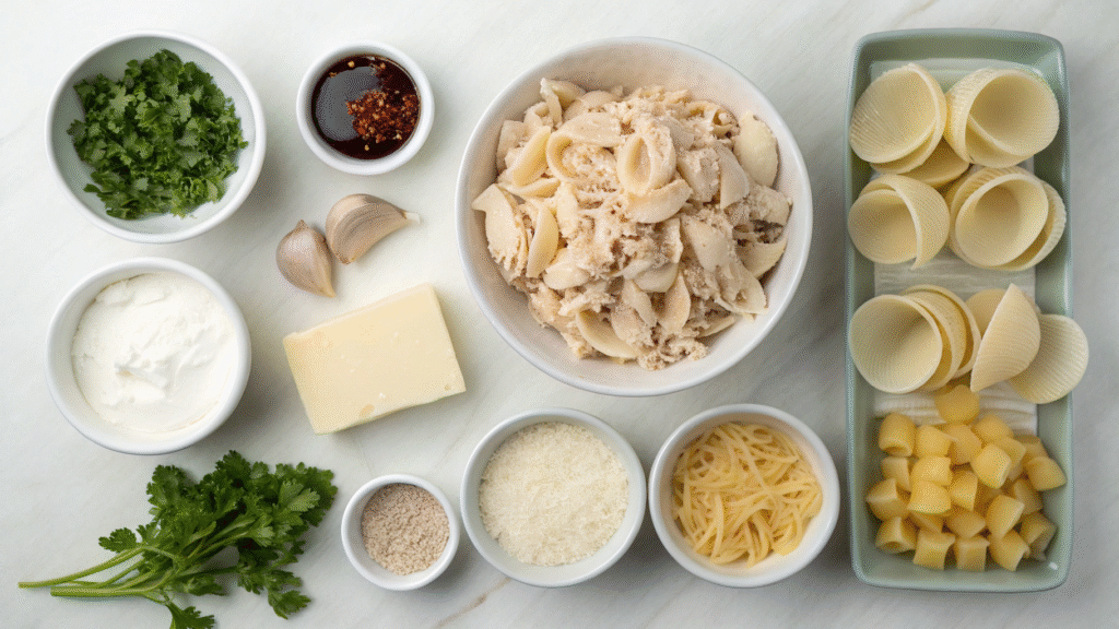 Flat lay of ingredients including pasta shells, chicken, garlic, cream, cheese, and seasonings.