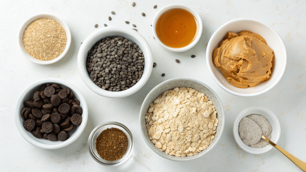 Top-down view of ingredients for oat peanut butter balls in small bowls on a countertop.