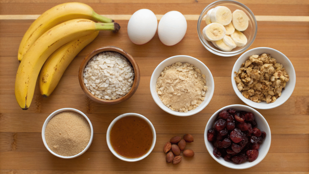 Top-down view of banana oatmeal bar ingredients in small bowls on a wooden surface.