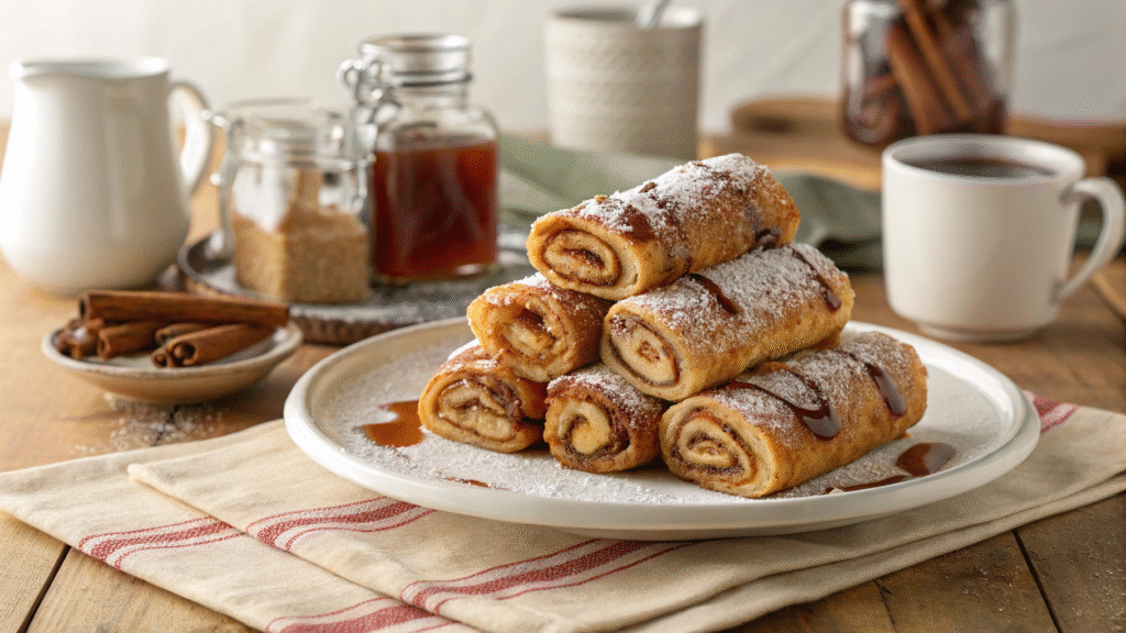Stack of cinnamon roll French toast roll-ups dusted with powdered sugar and drizzled with syrup on a white plate.