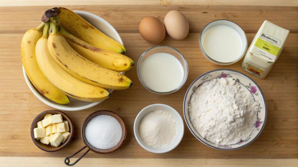 Top view of banana pancake ingredients including bananas, flour, eggs, and milk