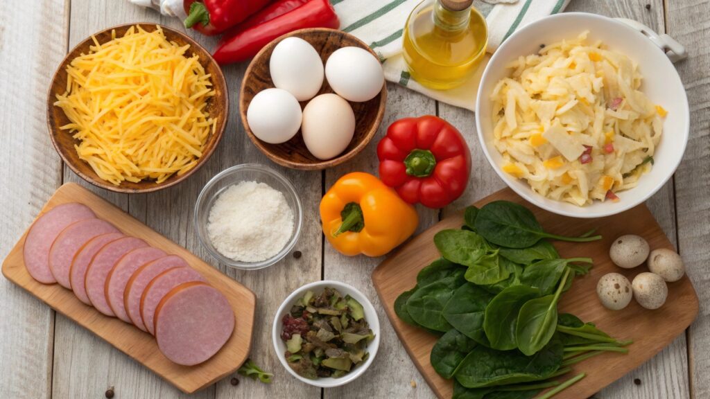 Top-down view of all ingredients used in hash brown egg casserole.