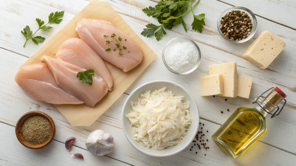 Flat lay of ingredients including chicken, cream cheese, Pepper Jack, ranch mix, and seasonings.
