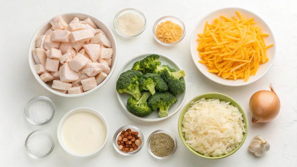 Flat lay of ingredients for Cheesy Chicken with Broccoli and Rice.