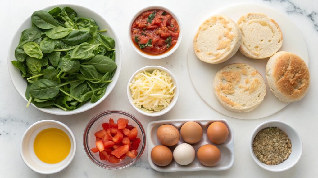 Ingredients for English Muffin Breakfast Pizzas laid out on a countertop