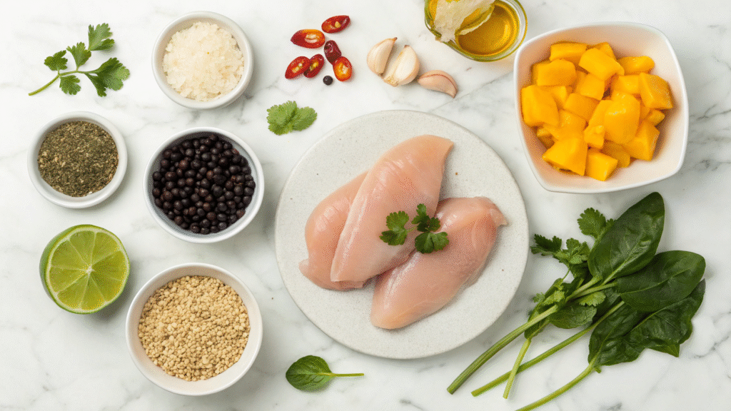 Flat lay of quinoa, chicken, mango, black beans, lime, and herbs on a white background.