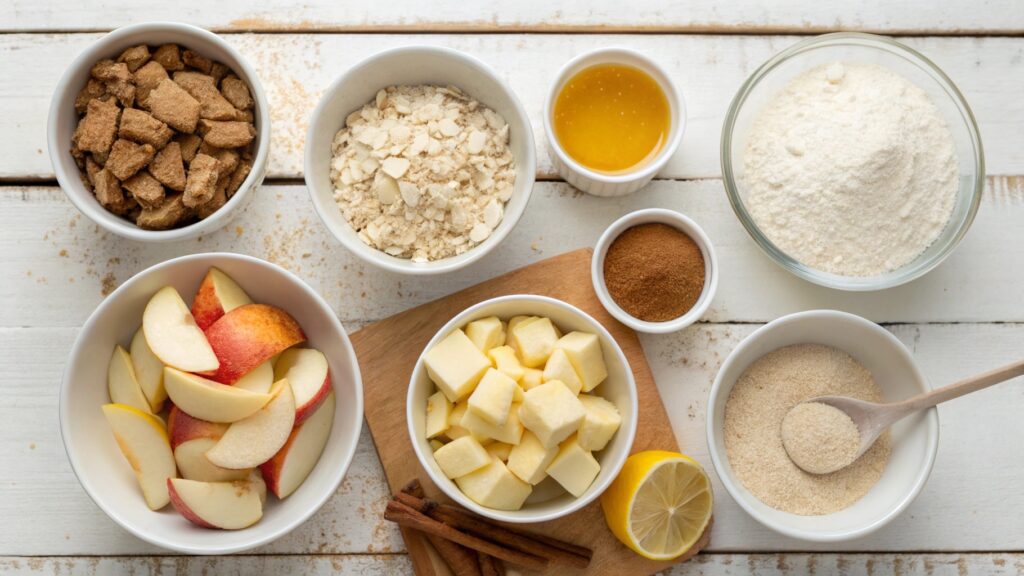 Ingredients for Old Fashioned Apple Crisp arranged neatly on a surface.