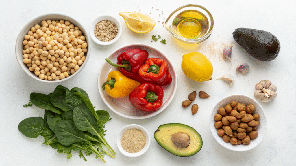 Flat lay of healthy Mounjaro ingredients including chickpeas, quinoa, and avocado.