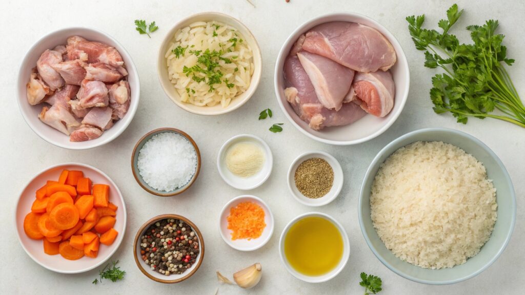 Flat lay of ingredients for One-Pan Chicken and Rice Bake.