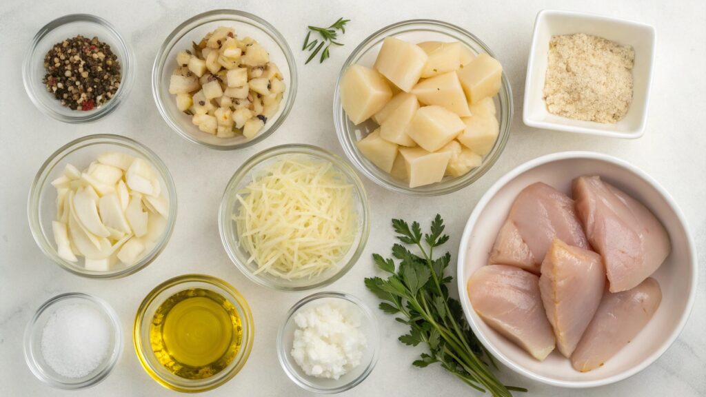 Flat lay of fresh ingredients for Chicken and Potato Bake.