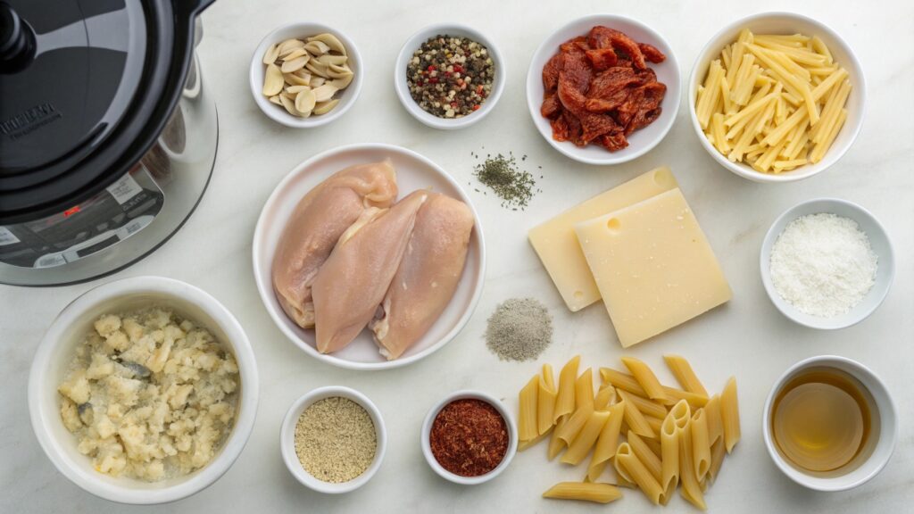 Flat lay of ingredients for making Marry Me Chicken Pasta in the crockpot.