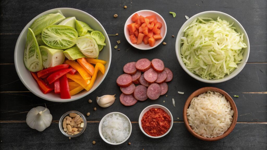Flat lay of ingredients for Cajun Cabbage Jambalaya.