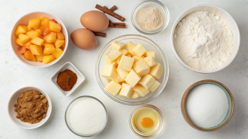 Flat lay of ingredients for Peach Cobbler Muffins.