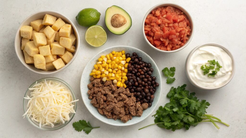 Flat lay of ingredients for making a Potato Taco Bowl.