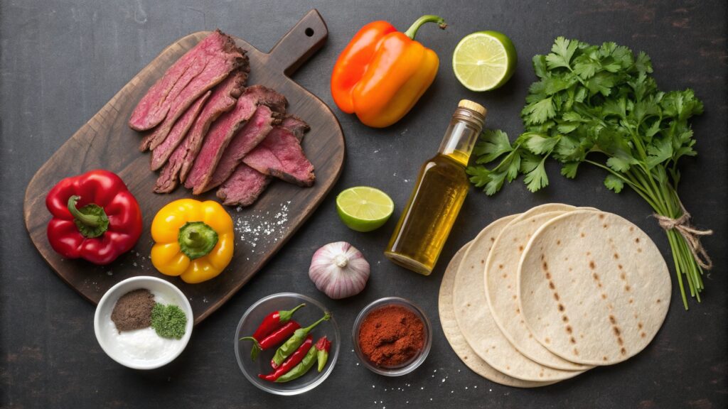 Flat lay of ingredients for Fajita Asada including steak and peppers.