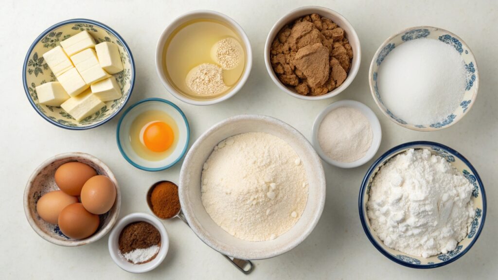 Top view of ingredients for cinnamon roll pancakes including flour, sugar, and spices