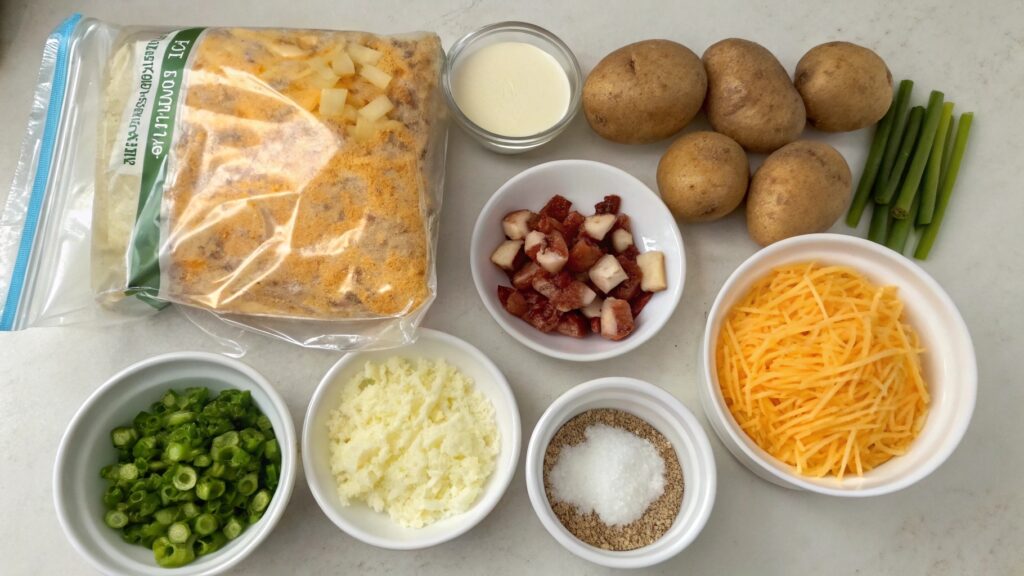 Ingredients for Crockpot Loaded Potato Soup arranged in small bowls and containers
