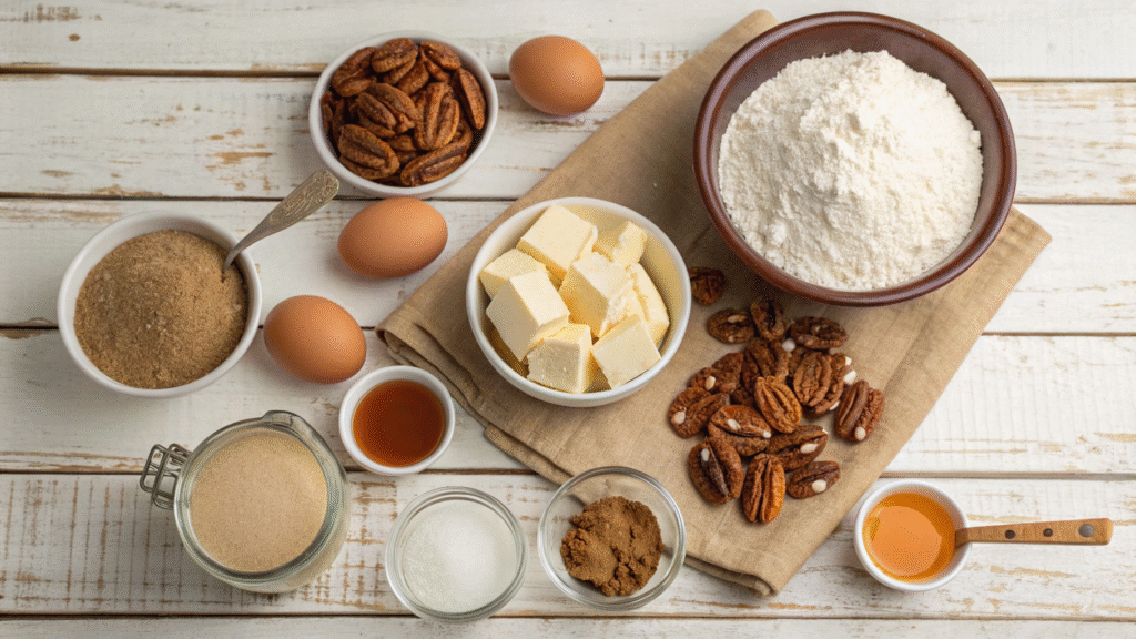 Flat lay of flour, butter, pecans, eggs, honey, and other baking ingredients on a wooden surface.