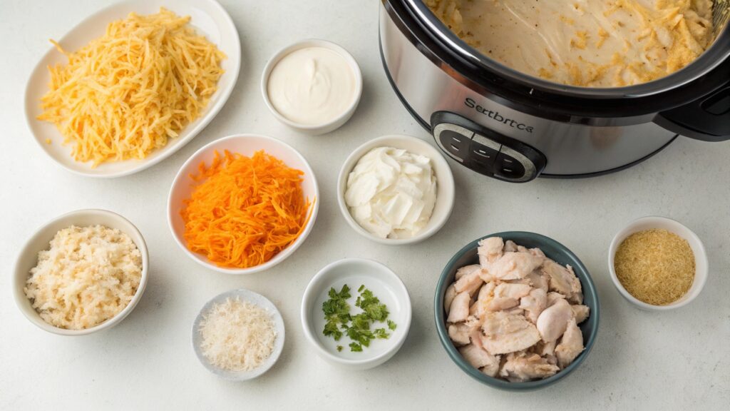 Flat lay of ingredients for Chicken Hashbrown Casserole with crockpot.
