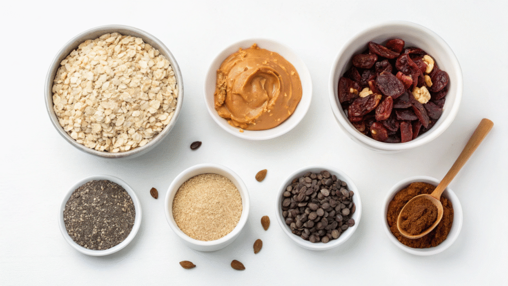 Ingredients for healthy cereal bars including rice cereal, nut butter, honey, and mix-ins in small bowls.