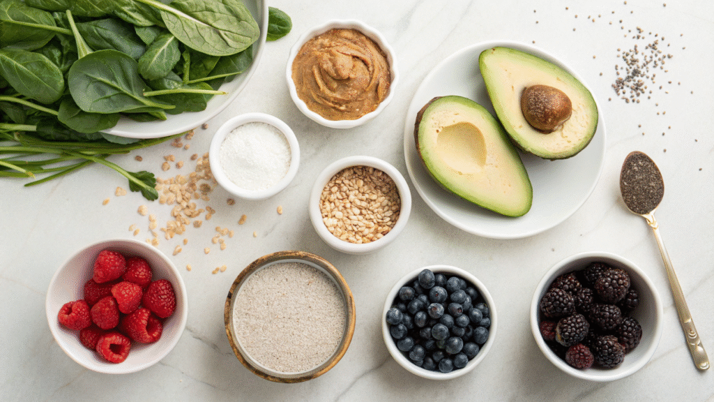 Top-down view of low carb vegan breakfast ingredients including avocado, chia seeds, nut butter, and berries.