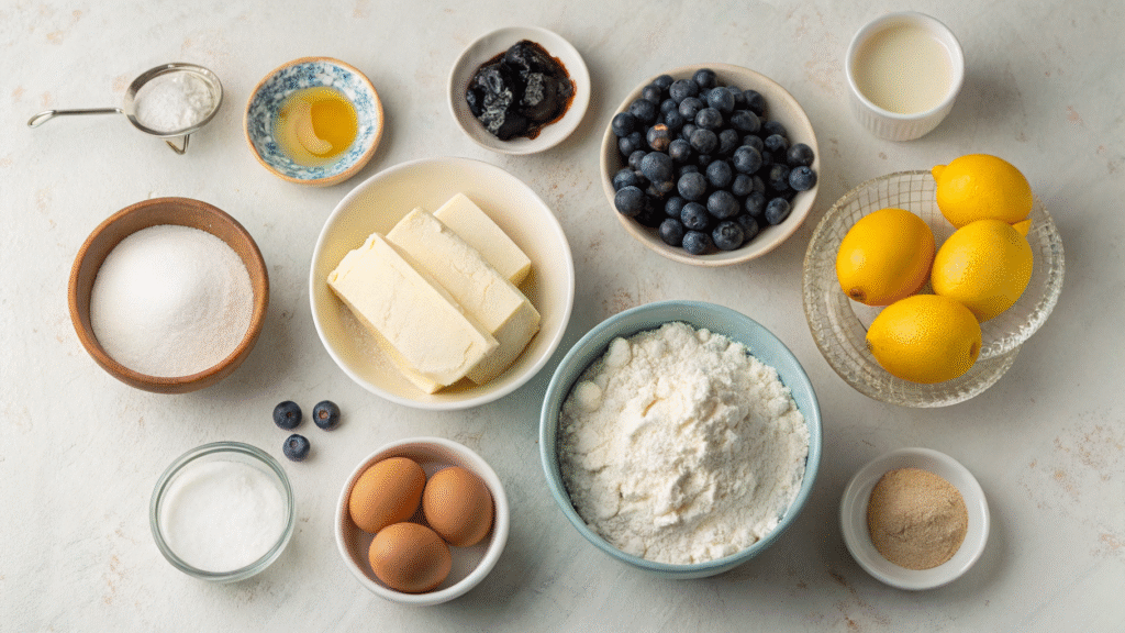 Flat lay of labeled ingredients for blueberry cake and lemon frosting.