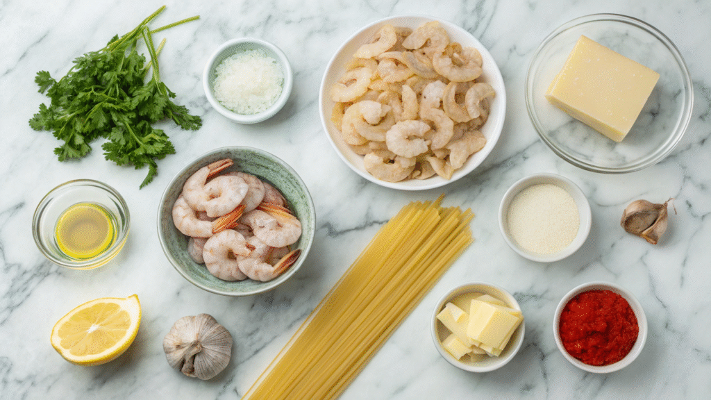 Flat lay of shrimp, pasta, cheeses, lemon, butter, and seasonings for the pasta bake.