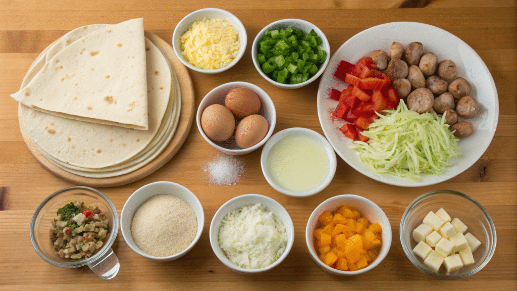 Flat lay of key ingredients for breakfast enchiladas including tortillas, eggs, sausage, peppers, and spices.