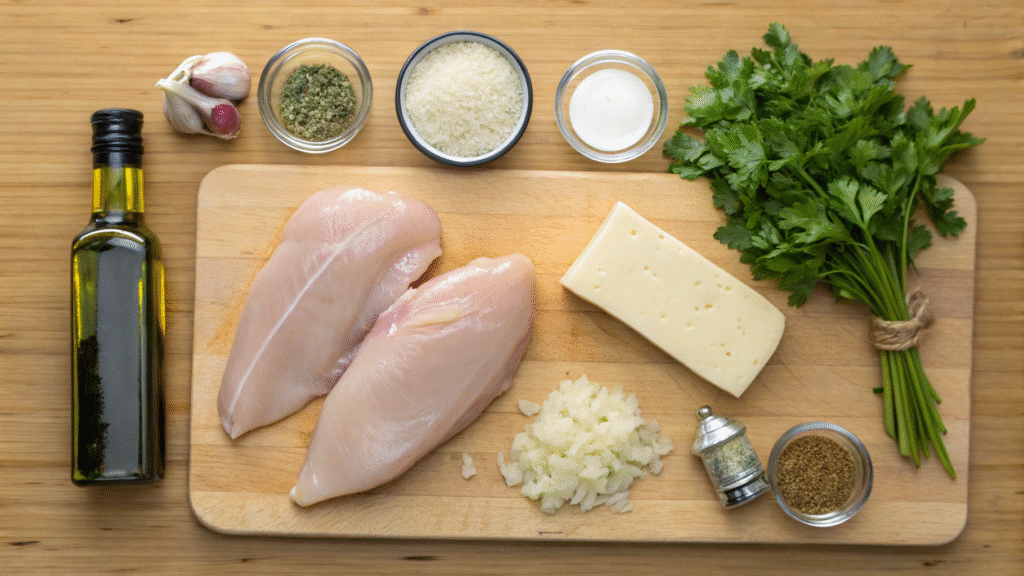 Flat lay of labeled ingredients needed for creamy parmesan crusted chicken.